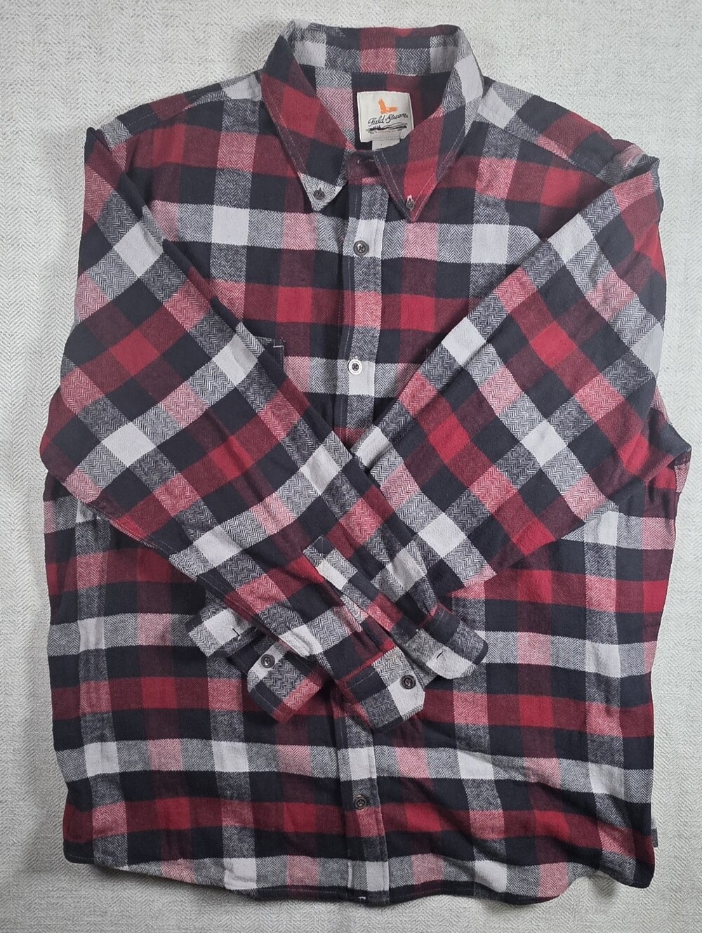 Field & Stream Men's XL Red Buffalo Plaid Herringbone Flannel Shirt Cotton